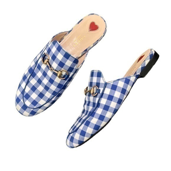 Gucci Shoes - GUCCI Princetown White and Blue Gingham Loafer Mules Size 37.5